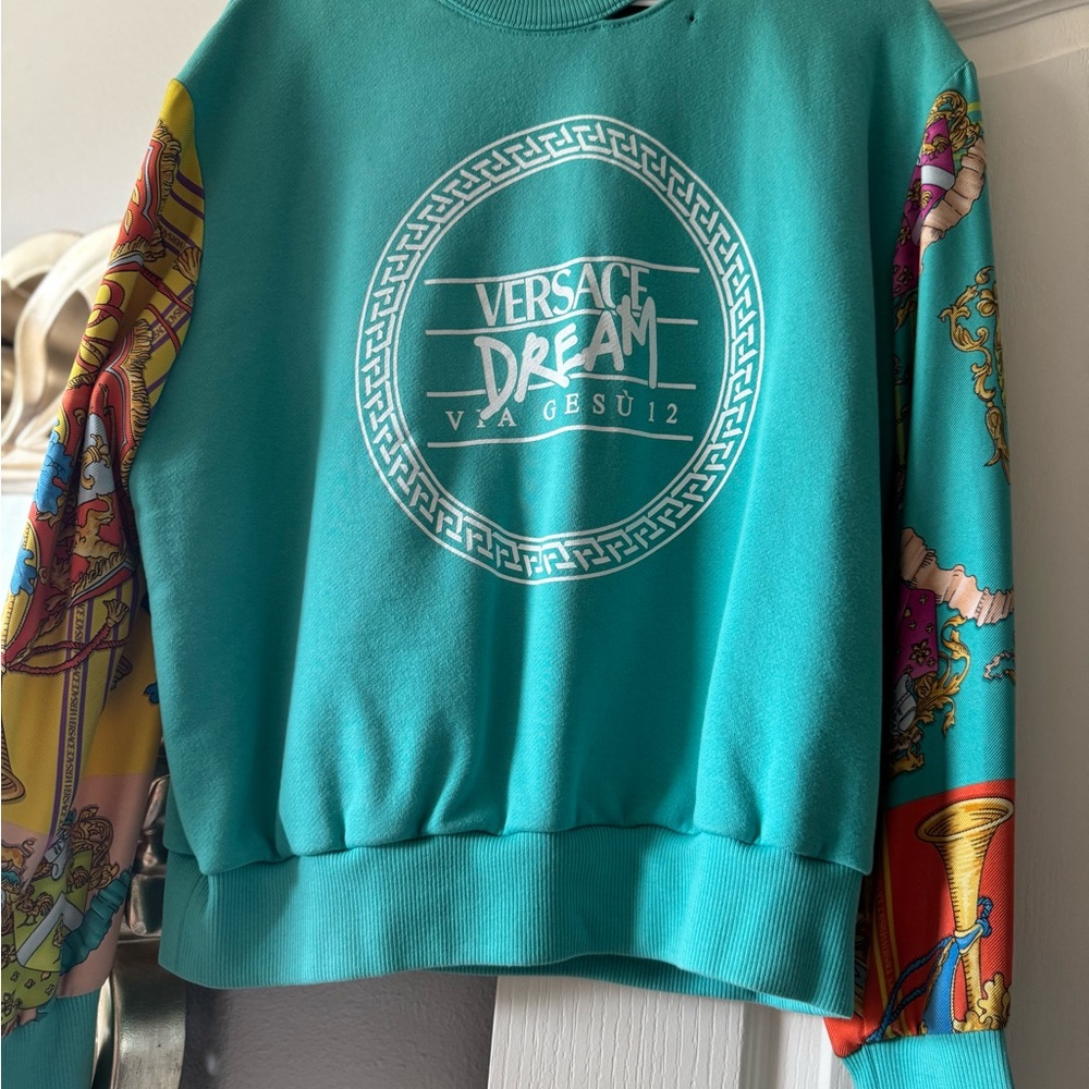 Versace Teal Sweater with Multicolor Sleeves worn once perfect condition